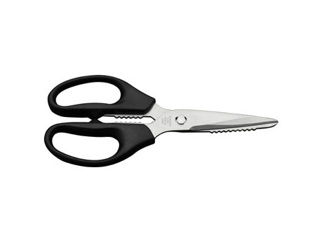 DiaCross kitchen shears. Stainless steel blades rubber handle with bottle opener and fish scaler included. Made by Sumikama Cutlery.