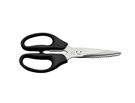 DiaCross kitchen shears. Stainless steel blades rubber handle  with bottle opener and fish scaler included. Made by Sumikama Cutlery.