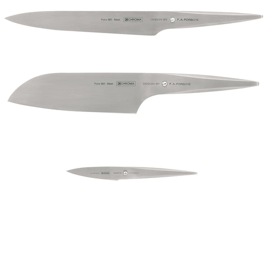 Chroma Type 301 P529- 3 piece set includes P05 - 8 in Carving knife,P02 -6 1/2 in Santoku knife and P09- 3 1/4 in Paring knife designed by F.A. Porsche