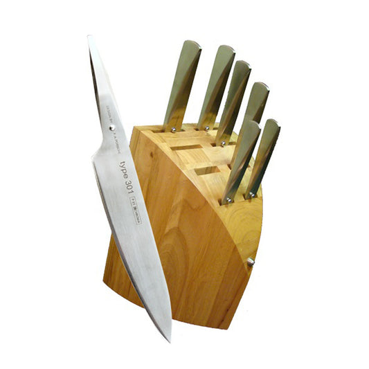 Chroma Type 301 PO131- 8 piece block set includes P12 wood block,P01- 10 in Chef knife,P02 -6 1/2 in Santoku,-P04- 5 3/4 in Chef knife,P05- 8 in Carving knife,P06- 8 1/2 in Bread knife,P19- 5 in Utility knife and P09 -3 1/4 in Paring knife designed by F.A. Porsche 