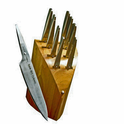 Chroma Type 301  PO148- 10 piece block set includes P12 wood block,P01- 10 in Chef knife,P02 -6 1/2 in Santoku,-P04- 5 3/4 in Chef knife,P05- 8 in Carving knife,P06- 8 1/2 in Bread knife,P19- 5 in Utility knife and P09 -3 1/4 in Paring knife,5 in Tomato knife,7 3/4 in Filet knife free w16 hand held knife sharpener designed by F.A. Porsche