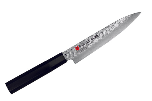 SM-37015 Kasumi Kuro knife 6 in Utility manufactured by Sumikama Cutlery Damascus and Hammered finish.